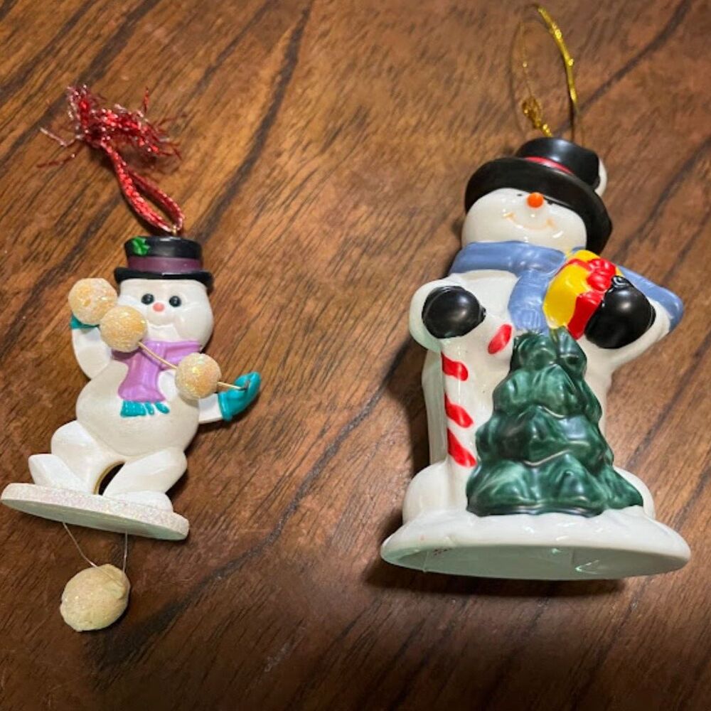 2 Snowman Christmas Ornaments 1 1988 Vntg Snowman Juggler 1 Badcock Snowman Bell